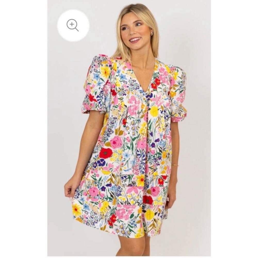 KARLIE Multifloral V Neck Puff Sleeve Classic Staple Preppy Womens Dress Size L